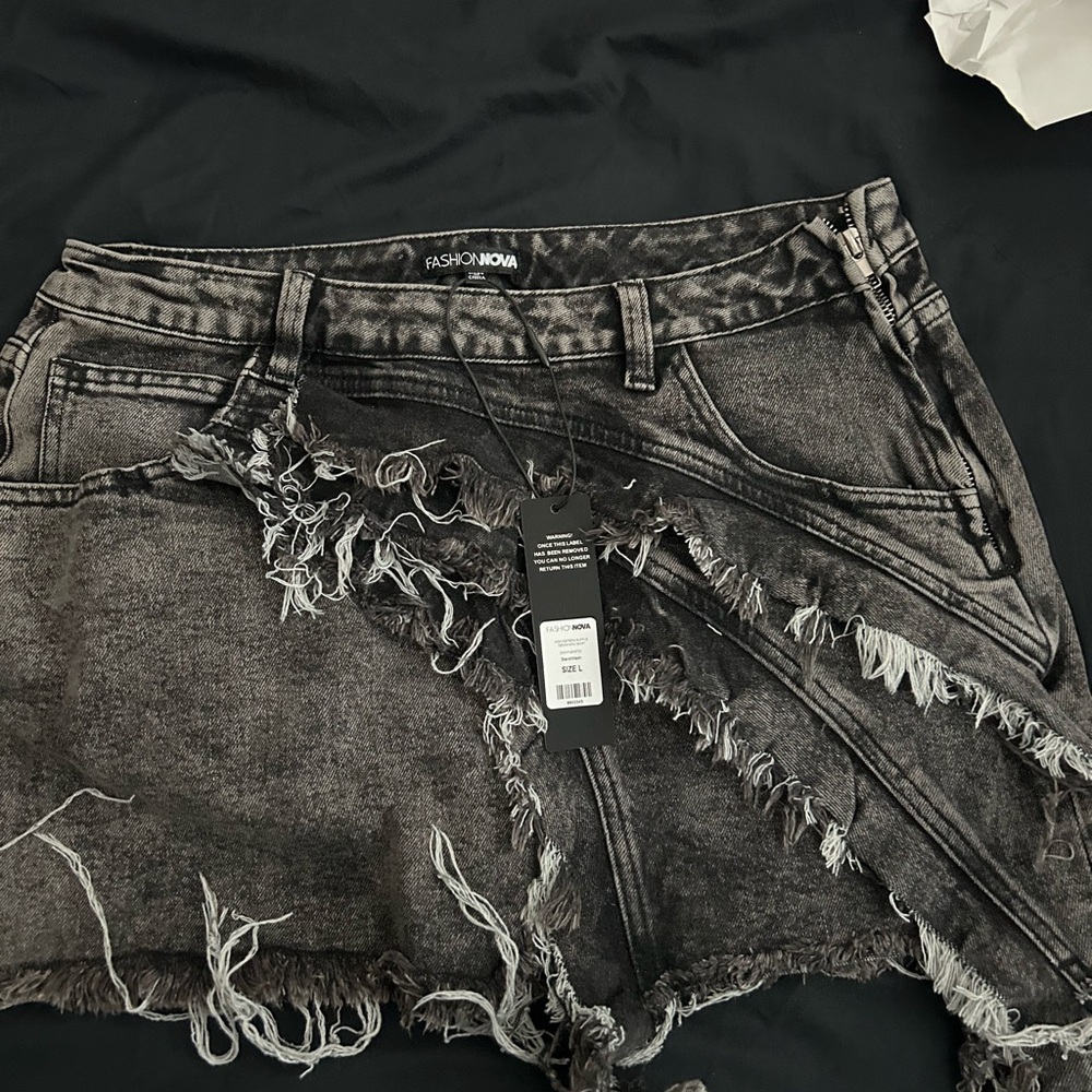 Fashion Nova Black & White Distressed Ruffle Denim Mini Skirt - Picture 2 of 4